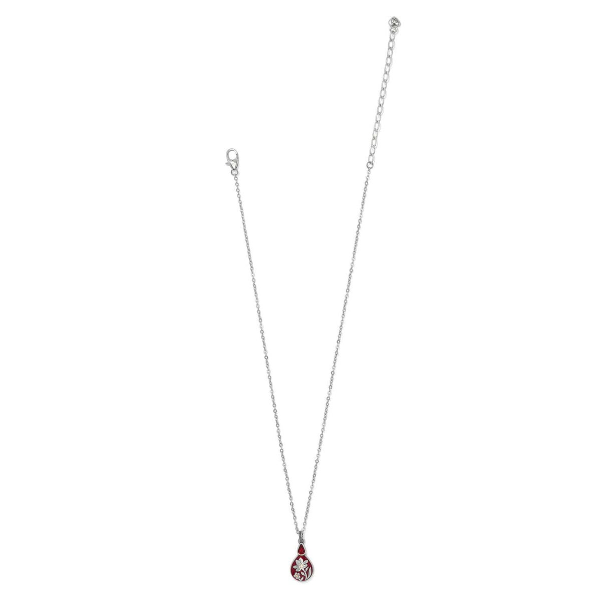 Brighton pendant necklace with red enamel teardrop, silver-plated flower detail, and crystal accent on a white background