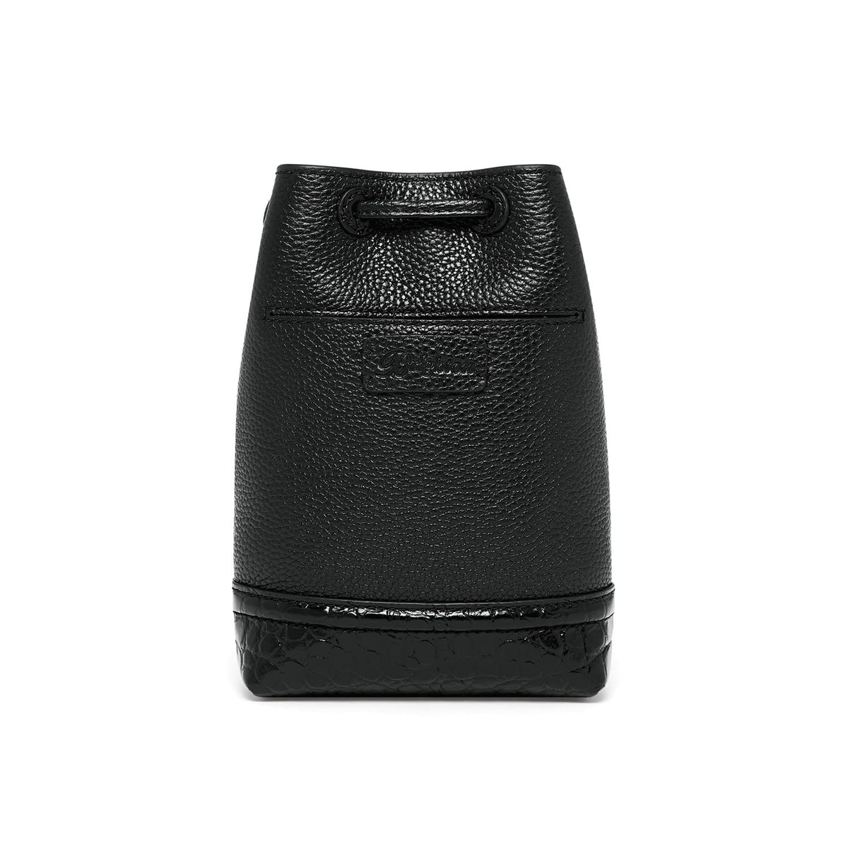 Brighton black leather bucket bag shown from the back with pebbled texture and crocodile-embossed base on a white background