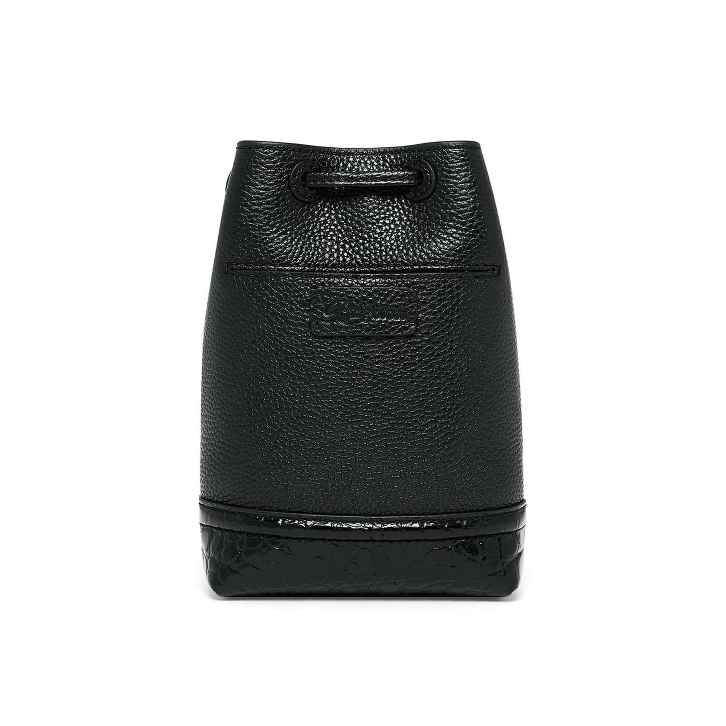 Brighton black leather bucket bag shown from the back with pebbled texture and crocodile-embossed base on a white background