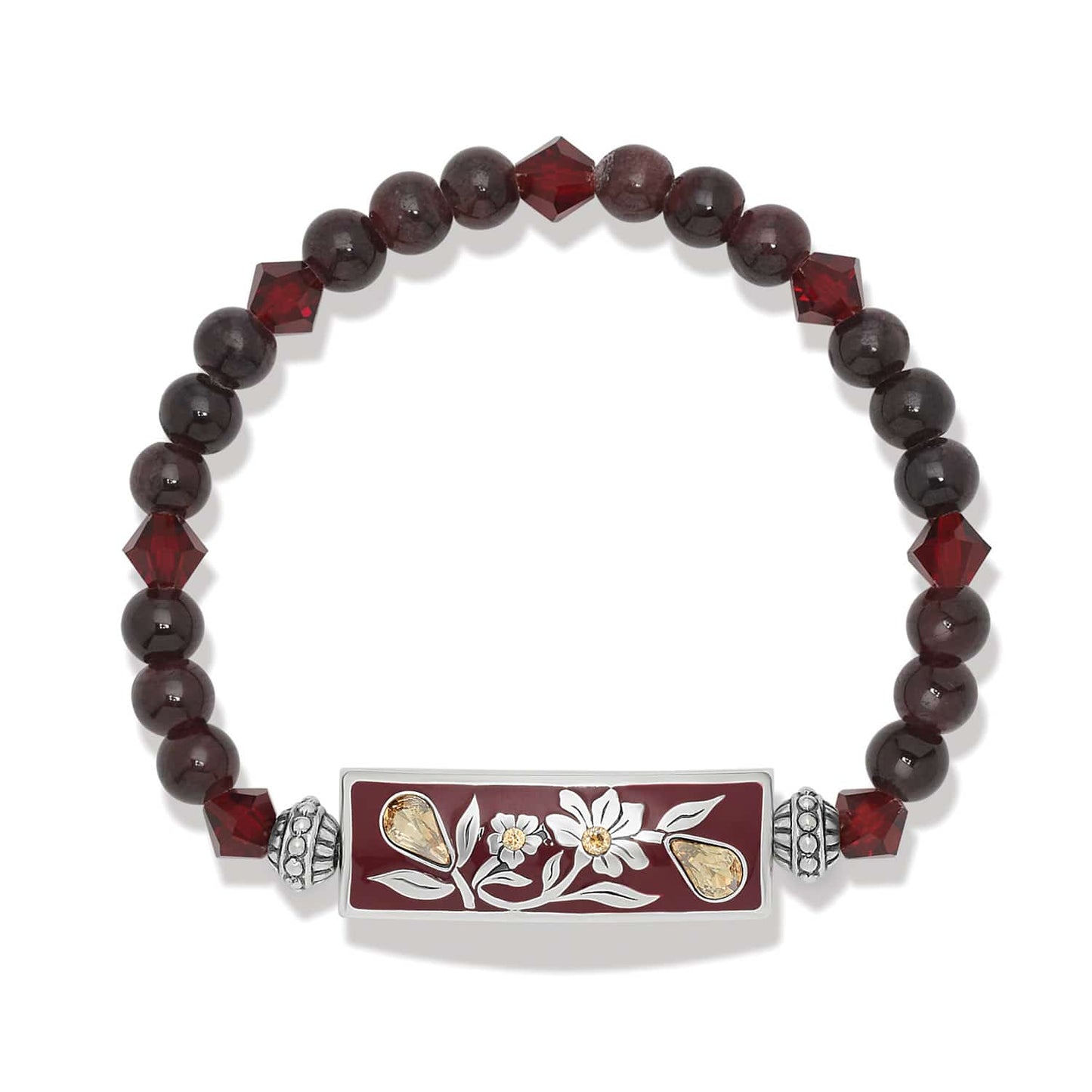 Brighton beaded stretch bracelet with dark red beads, crystal accents, and silver-plated floral enamel bar on a white background