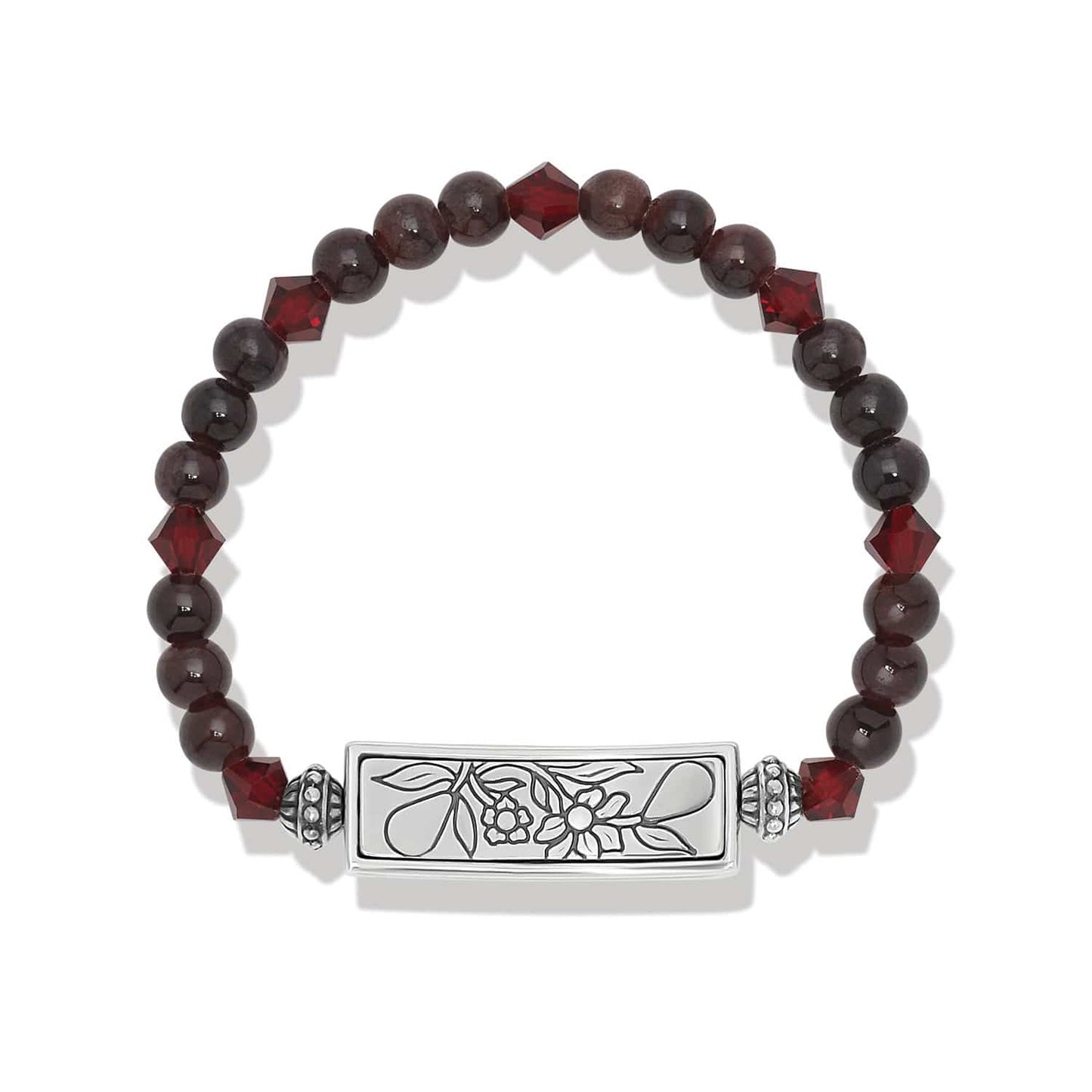 Brighton beaded bracelet with dark red beads, red crystals, and silver-plated floral engraved bar on a white background