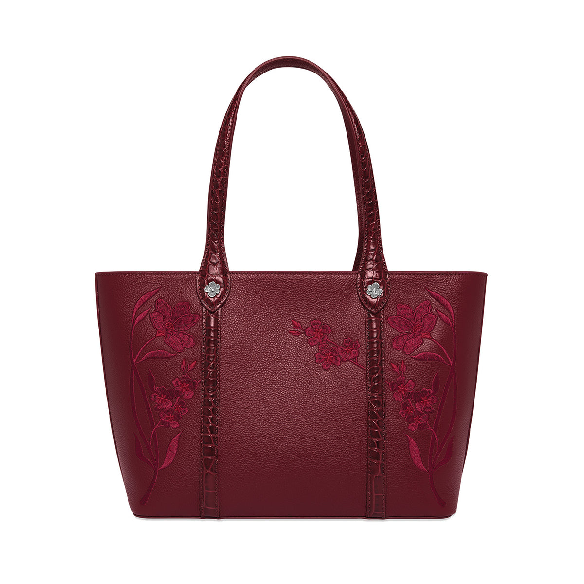 Brighton burgundy leather tote handbag with pink floral embroidery and croc-embossed straps on a white background