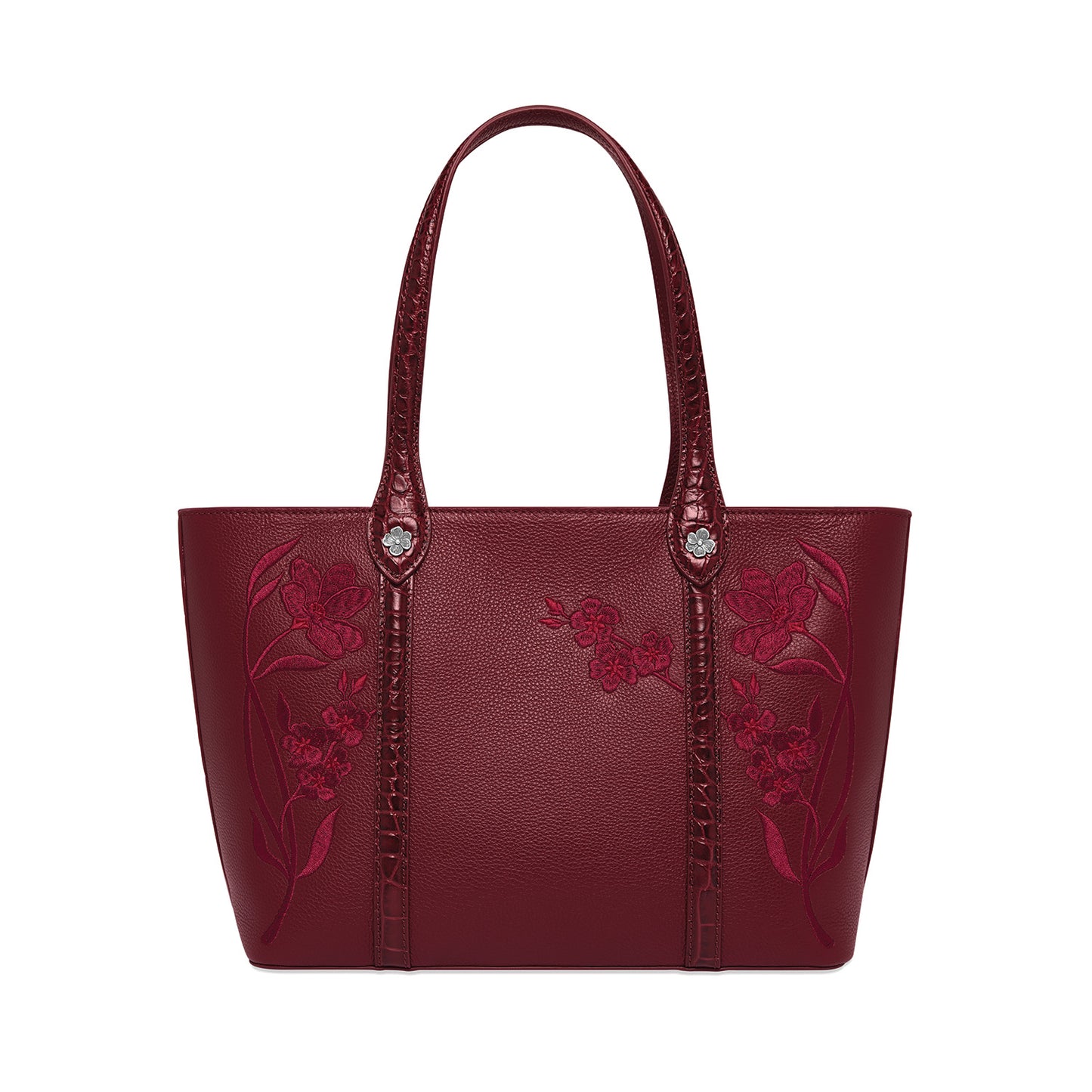 Brighton burgundy leather tote handbag with pink floral embroidery and croc-embossed straps on a white background