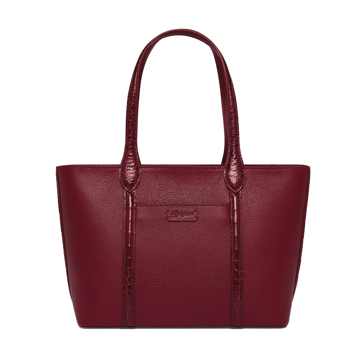 Brighton burgundy leather tote handbag with crocodile-embossed straps and trim, and dual shoulder handles on a white background
