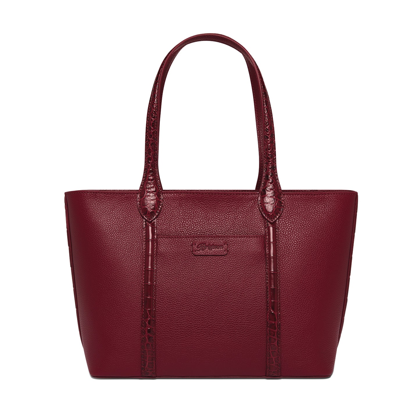 Brighton burgundy leather tote handbag with crocodile-embossed straps and trim, and dual shoulder handles on a white background