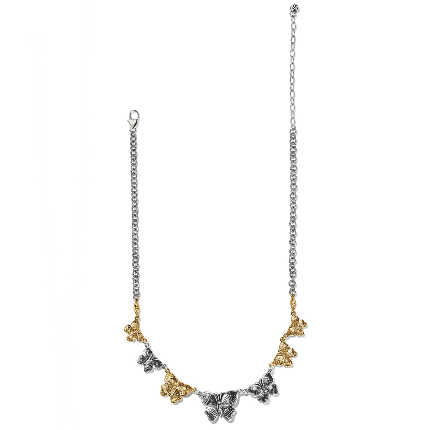 Brighton two-tone necklace with silver and gold butterfly charms and crystal accents on a white background