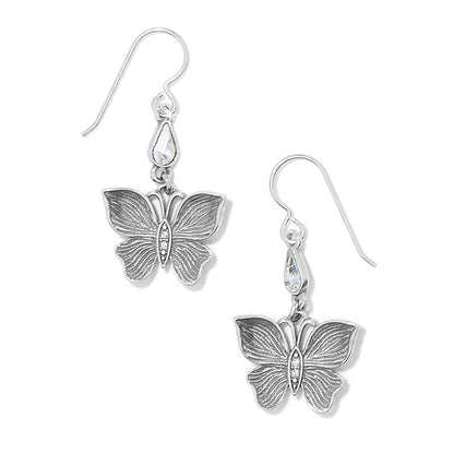 Brighton drop earrings with silver-plated butterfly charms and crystal teardrop accents on a white background