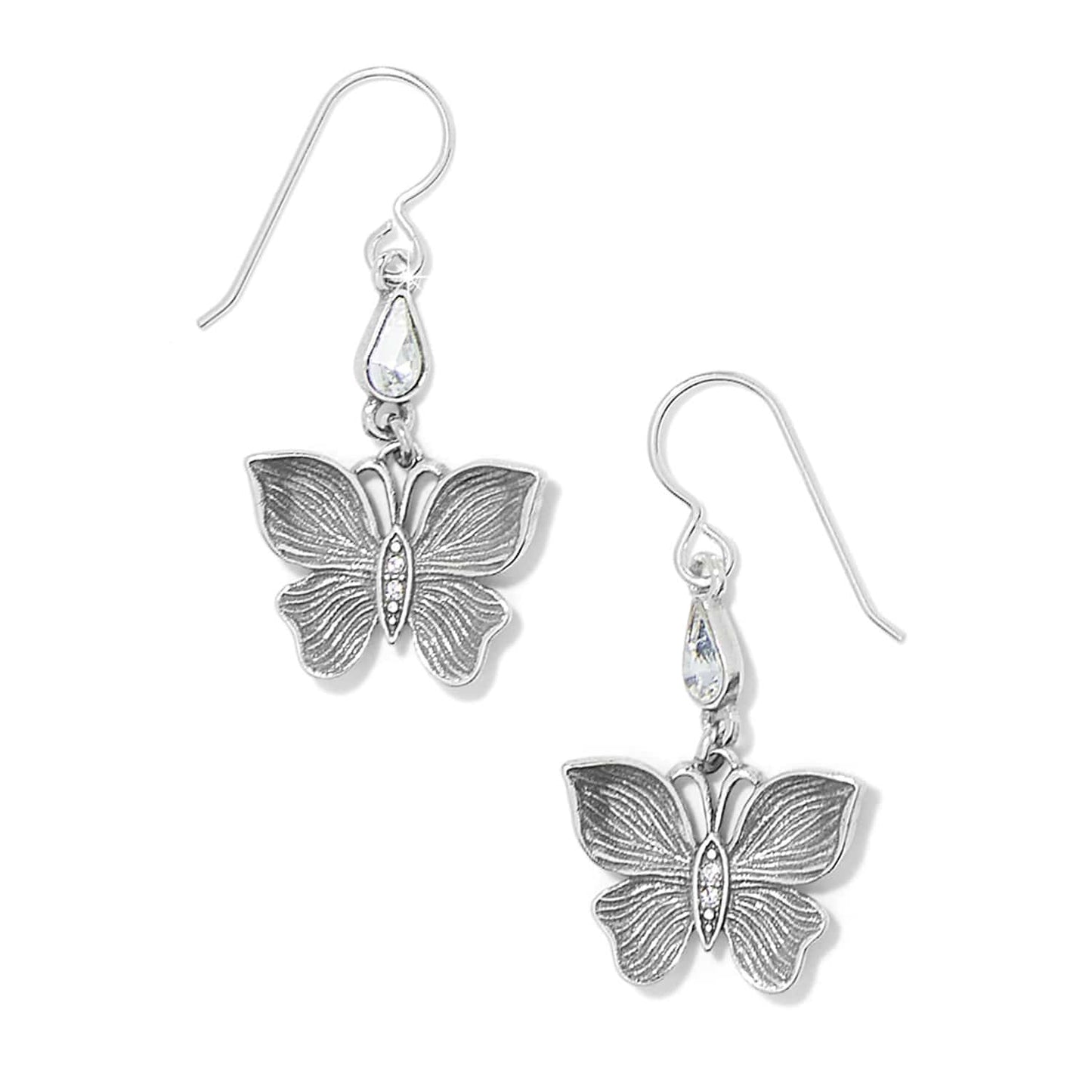 Brighton drop earrings with silver-plated butterfly charms and crystal teardrop accents on a white background
