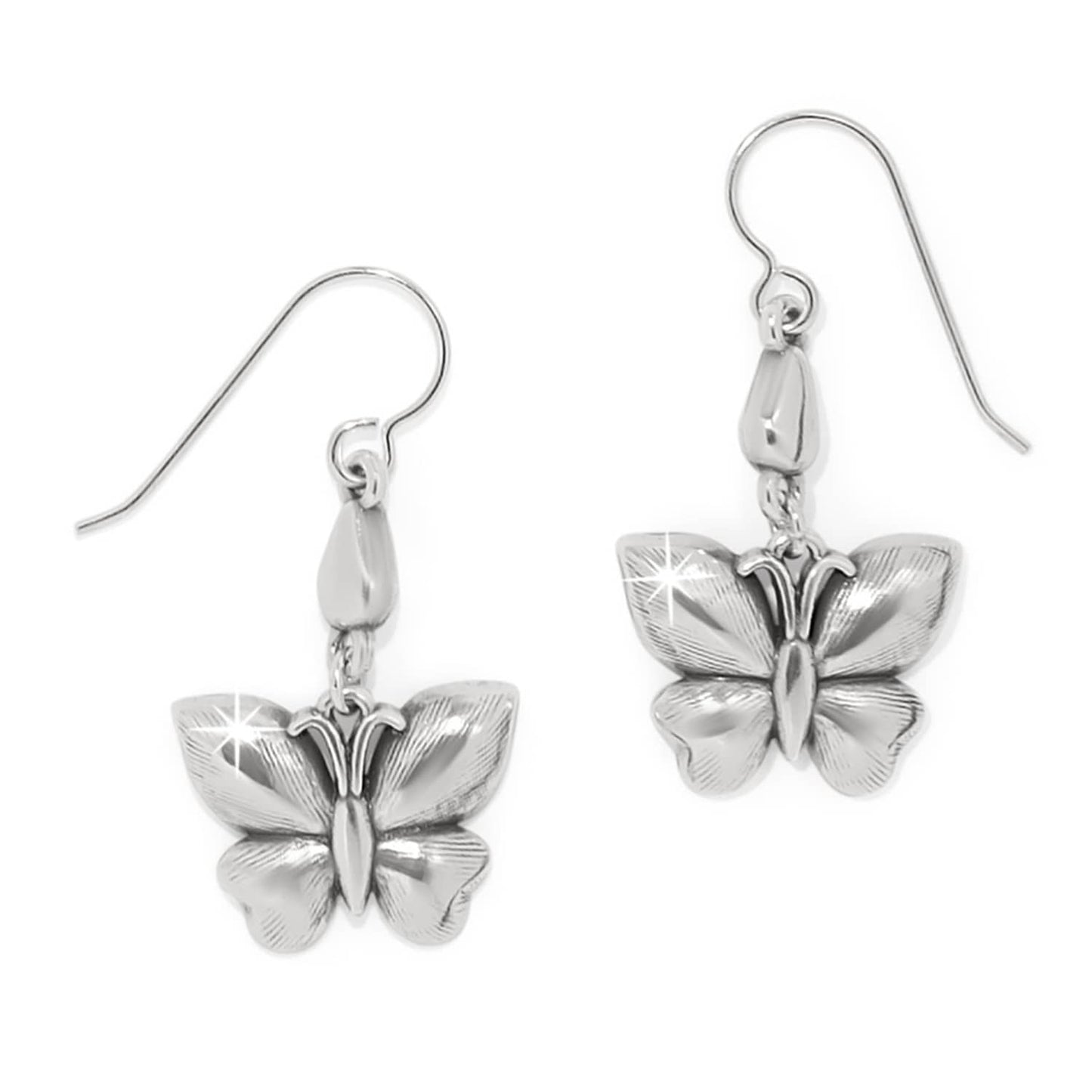 Brighton drop earrings with silver-plated butterfly charms and teardrop accents on a white background