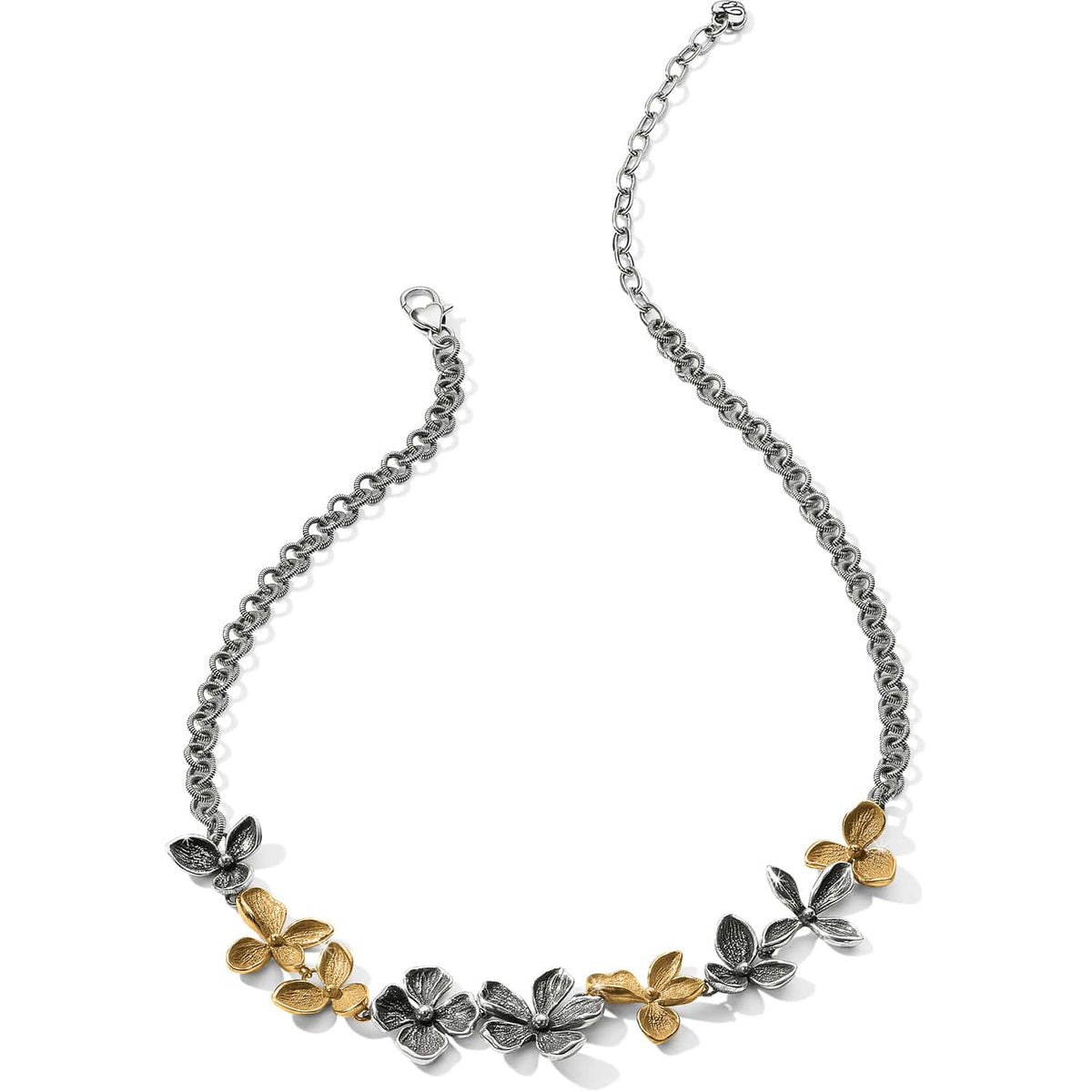 Brighton necklace with silver-tone chain and two-tone silver and gold flower cluster centerpiece on a white background