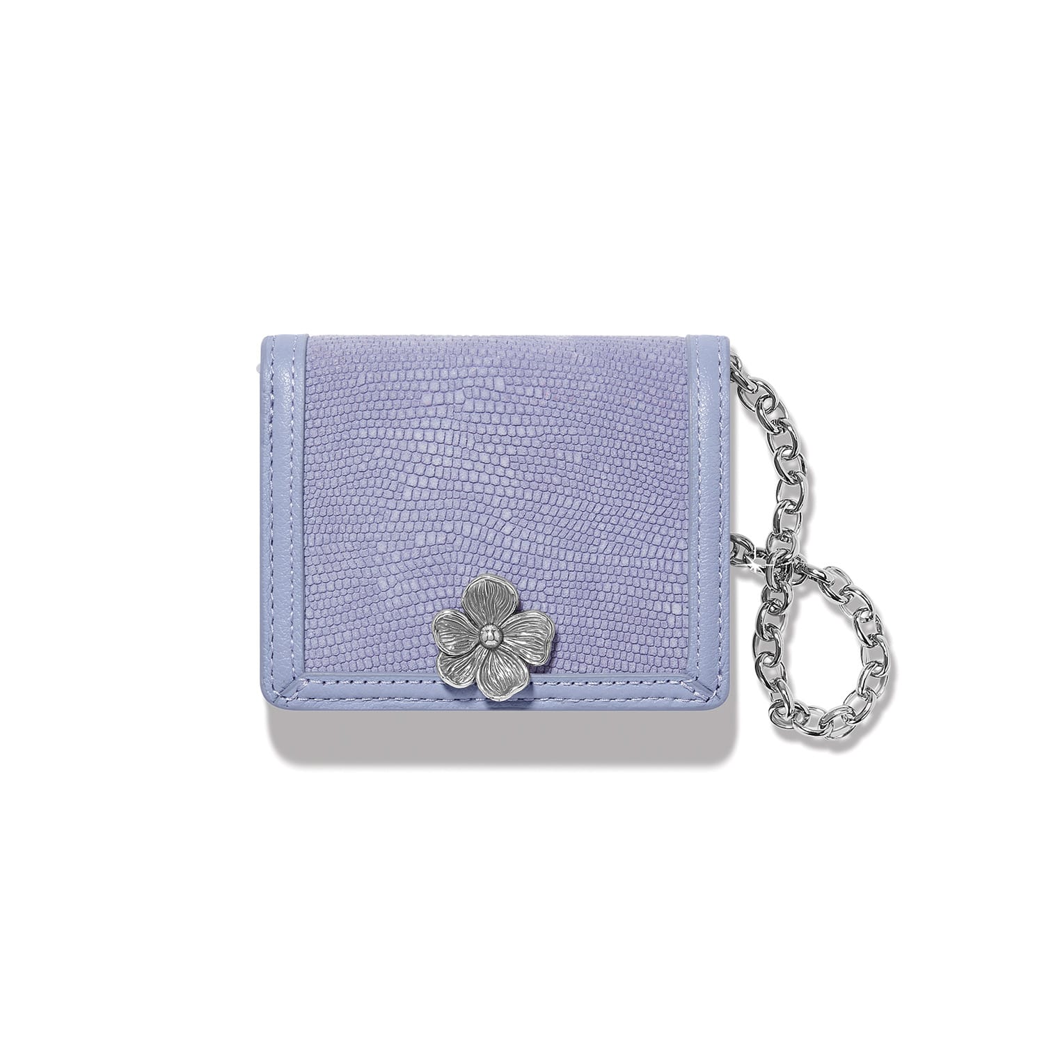 Brighton wallet in lavender snake-embossed leather with silver-tone flower closure and chain wristlet on a white background
