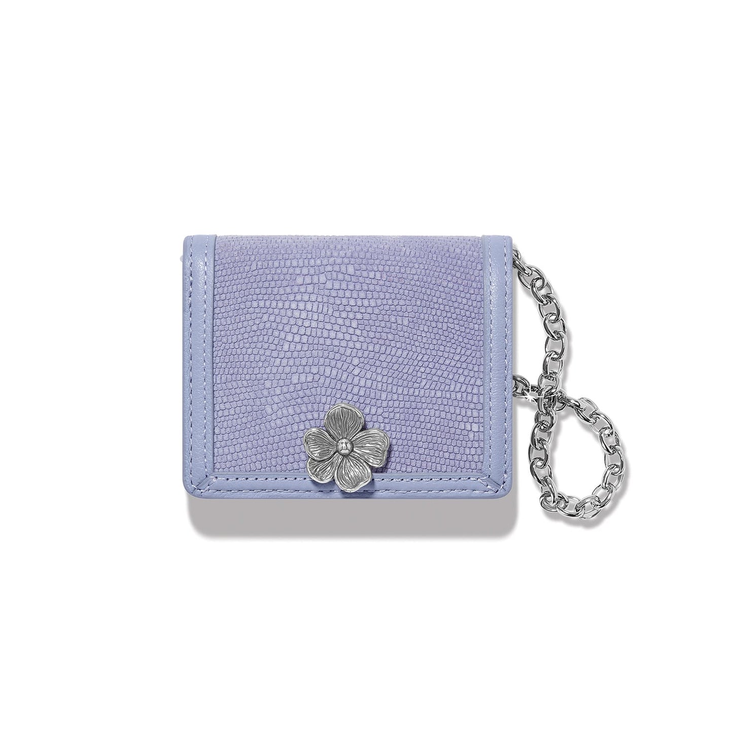 Brighton wallet in lavender snake-embossed leather with silver-tone flower closure and chain wristlet on a white background