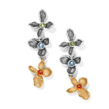 Brighton drop earrings with silver and gold-tone floral charms featuring green, blue, and orange crystals on a white background