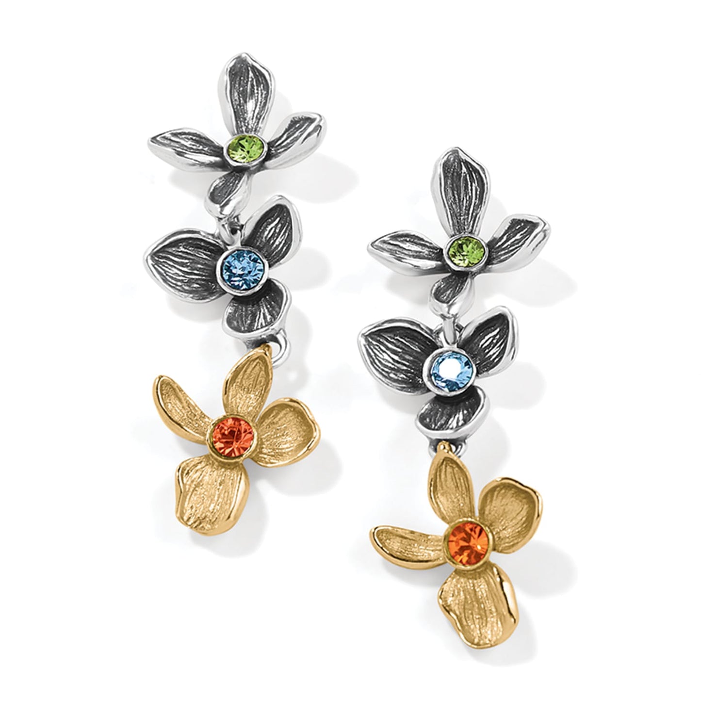 Brighton drop earrings with silver and gold two-tone flowers and green, blue, orange crystals on a white background