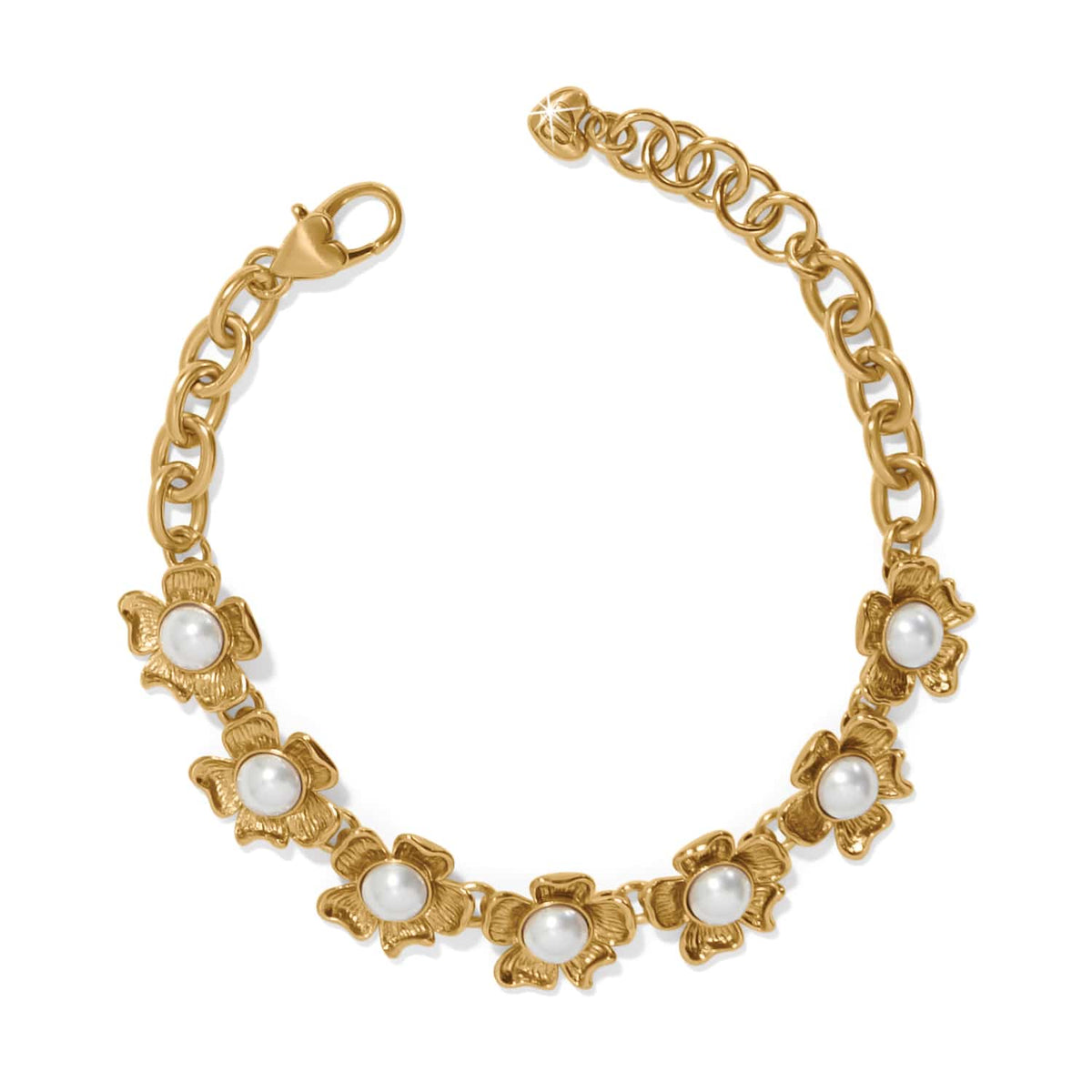 Brighton gold-plated chain bracelet with glass pearl cabochon flower stations and heart-shaped clasp on a white background