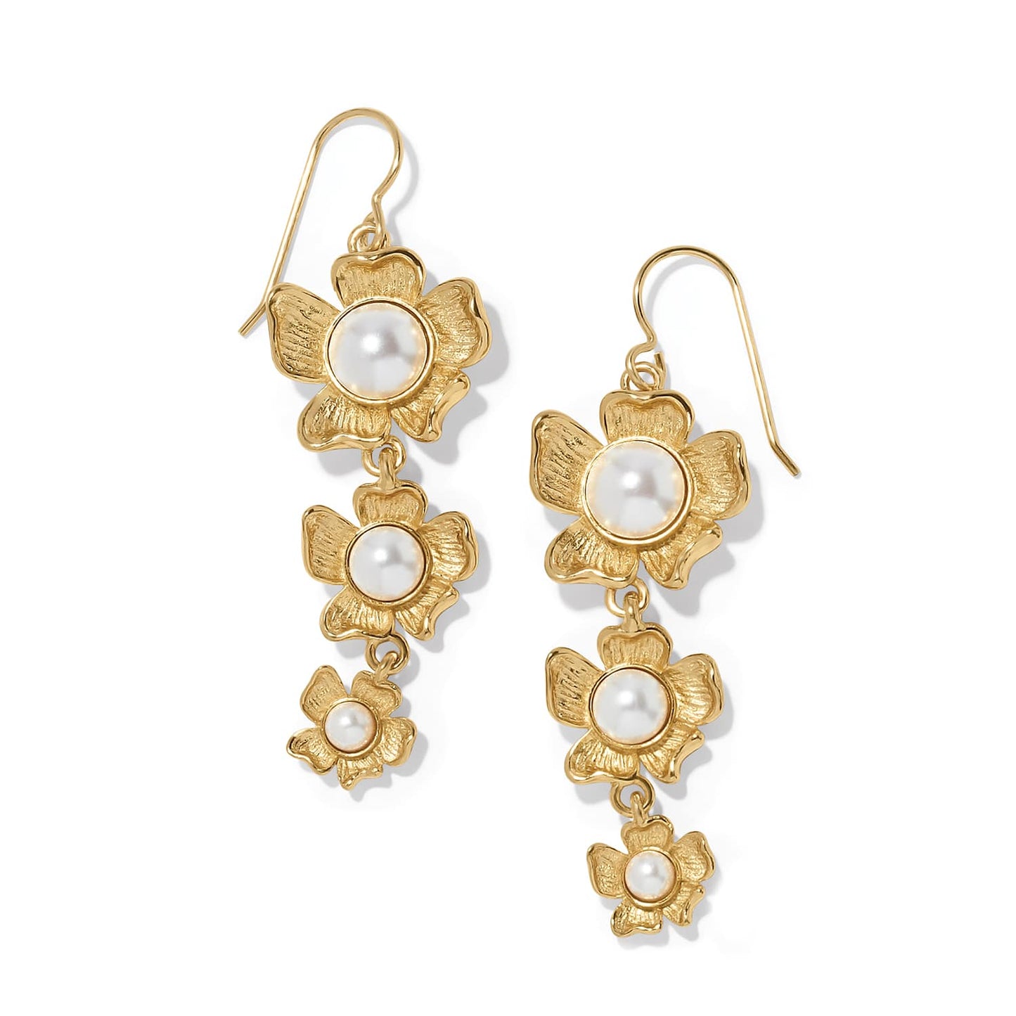 Brighton drop earrings with three tiered gold-plated flowers and glass pearl centers on a white background