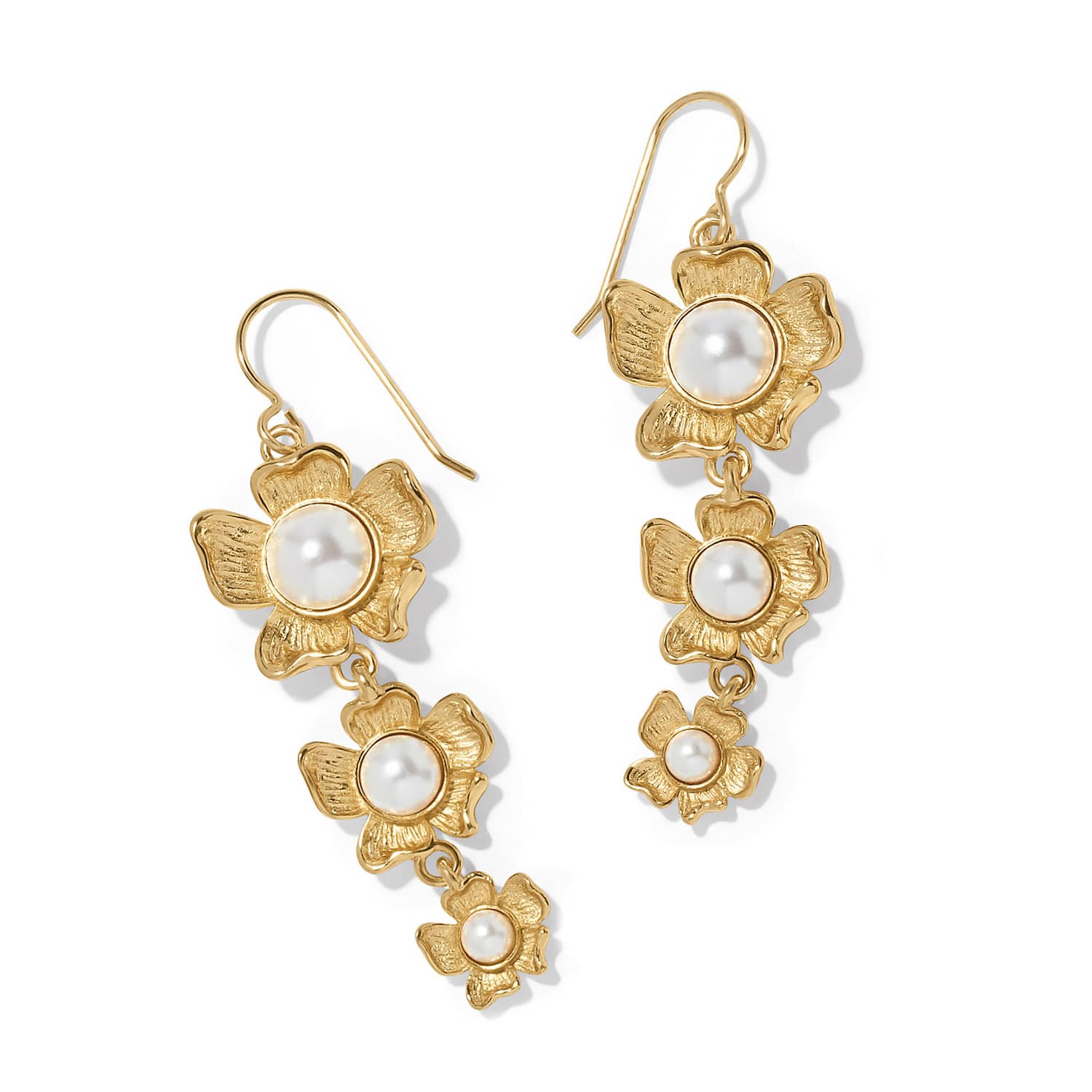 Brighton drop earrings with tiered gold-plated flowers and glass pearl cabochon centers on a white background