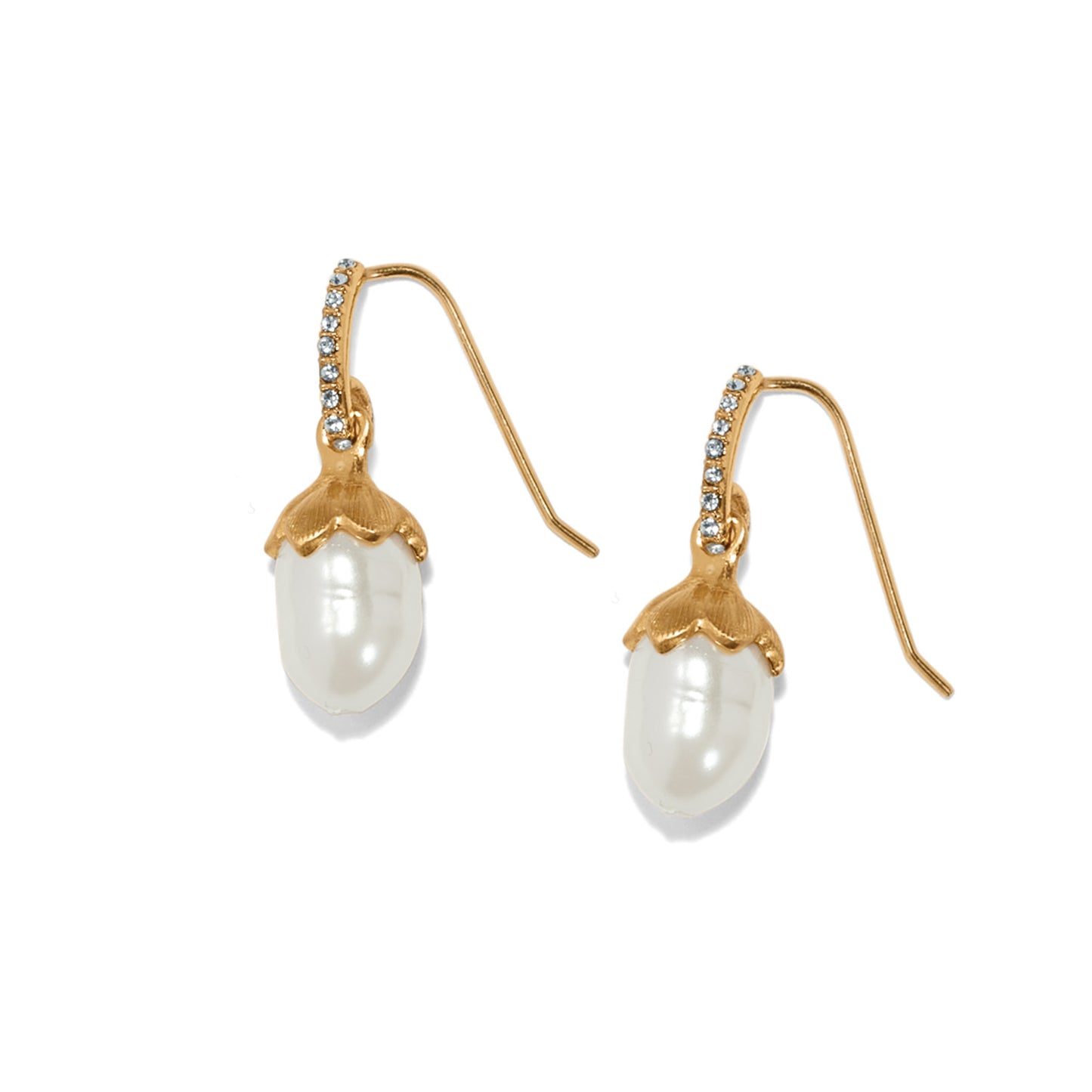 Brighton drop earrings with rice pearls and crystal-accented hooks in silver-plated finish on a white background