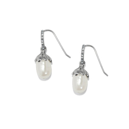 Brighton drop earrings with rice pearls and silver-plated crystal hooks featuring floral cap accents on a white background