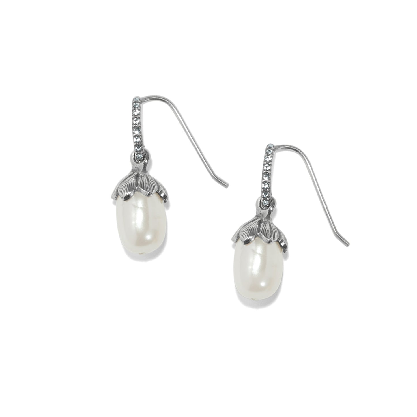 Brighton drop earrings with rice pearls and silver-plated crystal hooks featuring floral cap accents on a white background