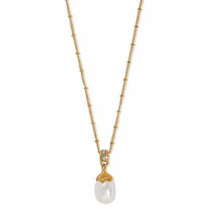 Brighton pendant necklace with rice pearl drop, crystal-accented bail, and beaded gold-tone chain on a white background