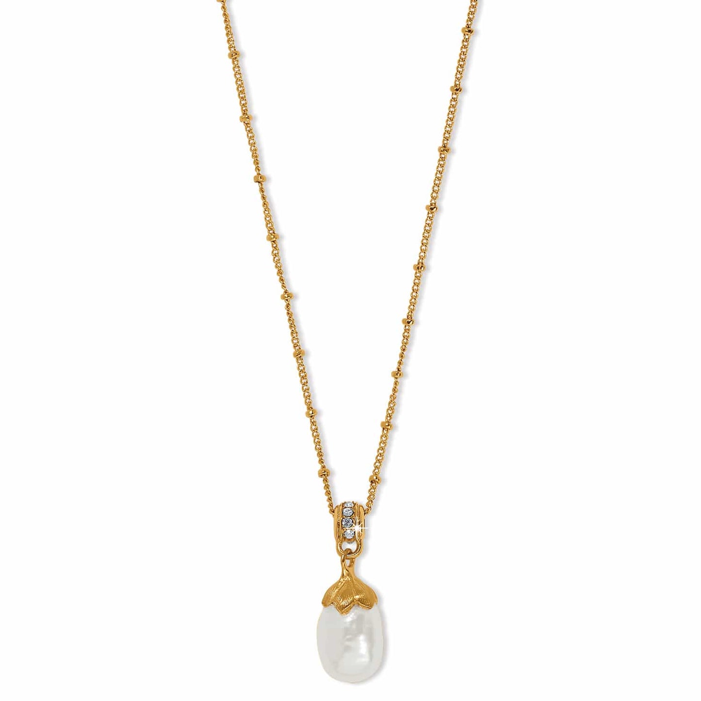 Brighton pendant necklace with rice pearl drop, crystal-accented bail, and beaded gold-tone chain on a white background