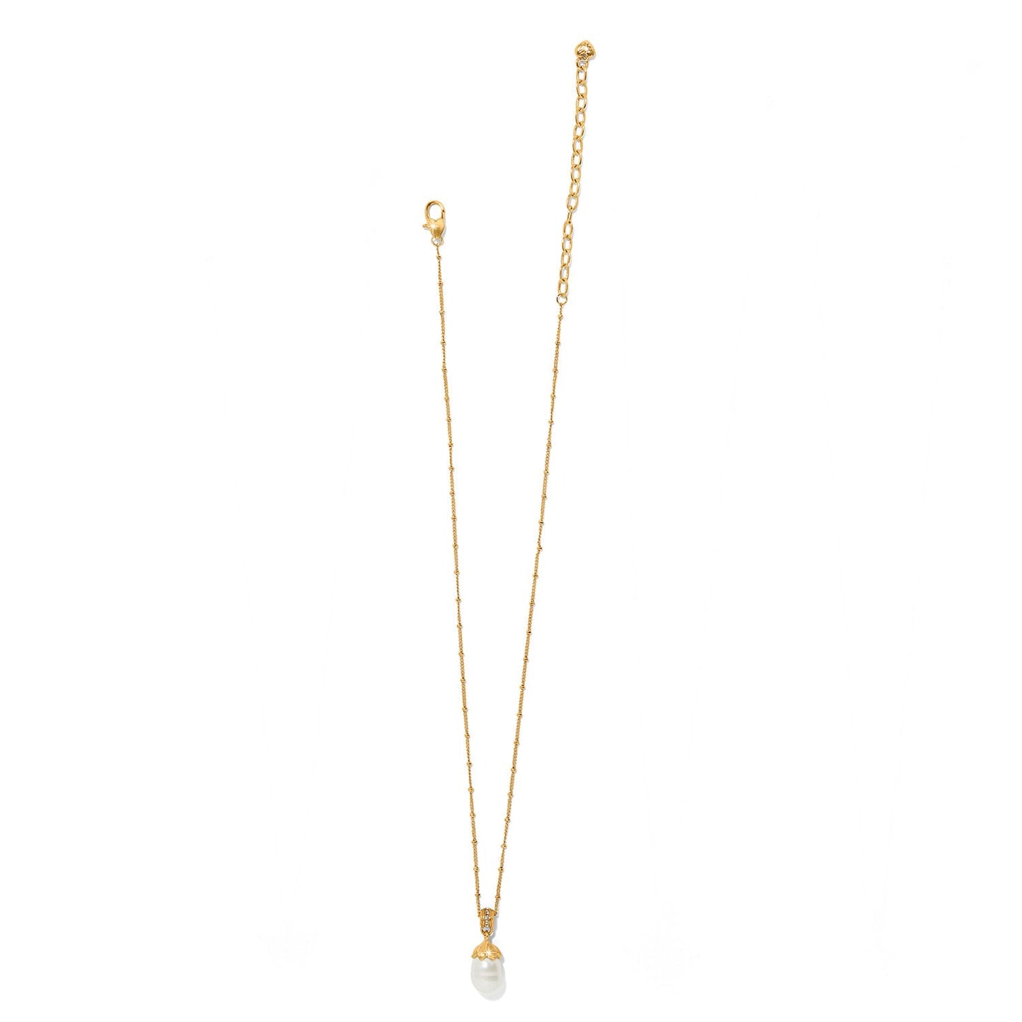 Brighton pendant necklace with rice pearl drop, crystal accents, and gold-tone chain with lobster clasp on a white background