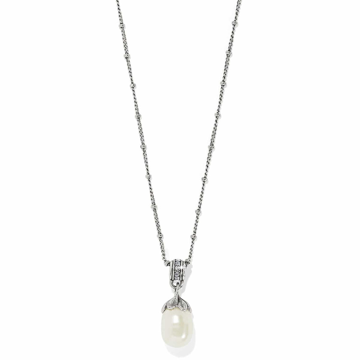 Brighton pendant necklace with rice pearl drop, silver-plated beaded chain, and crystal-accented bail on a white background