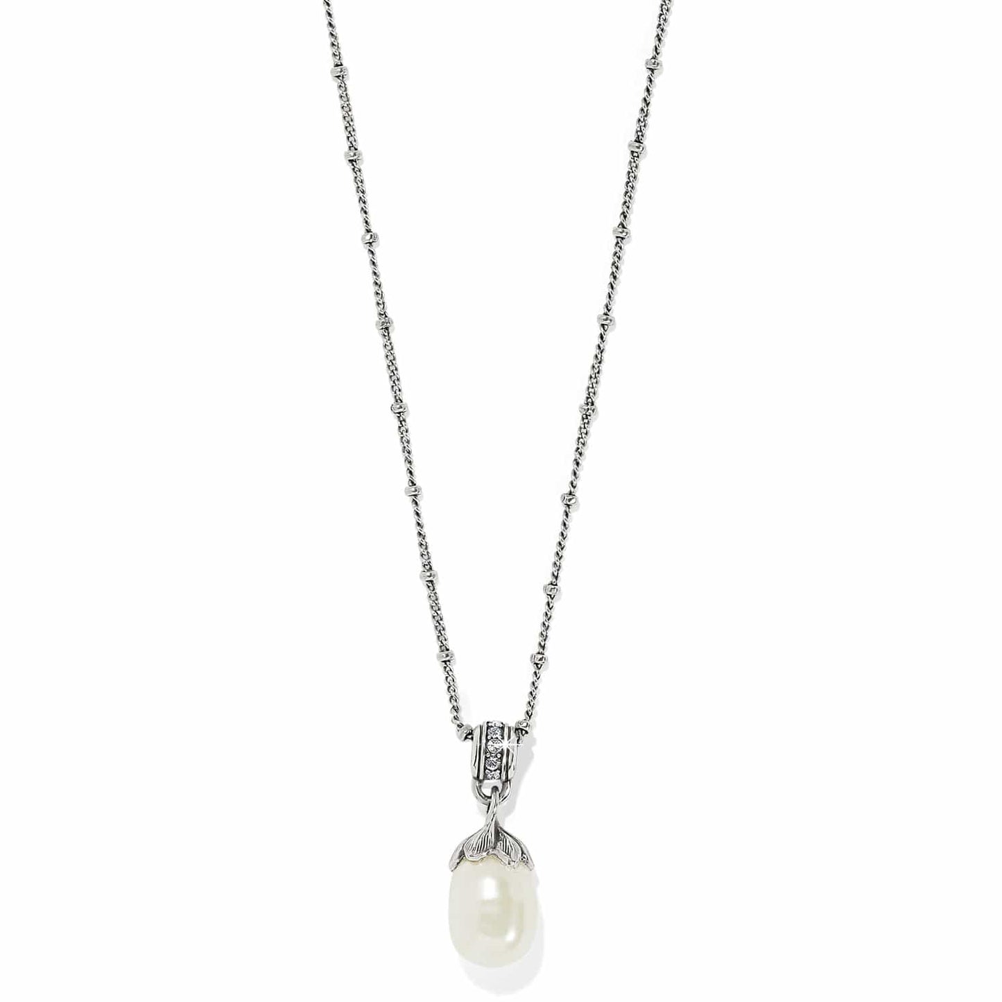 Brighton pendant necklace with rice pearl drop, silver-plated beaded chain, and crystal-accented bail on a white background
