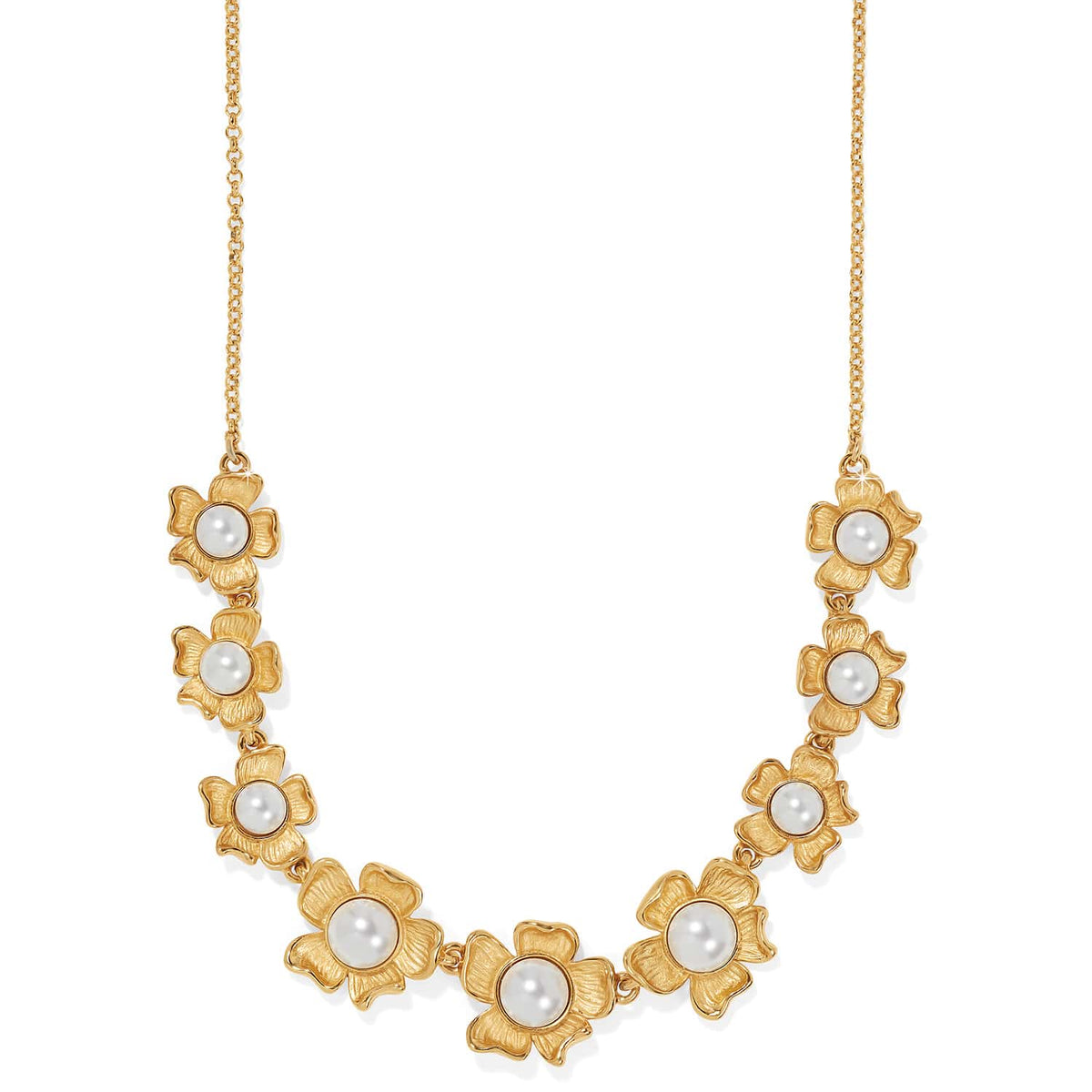 Brighton necklace with gold-plated flower stations centered with glass pearls on a delicate chain on a white background