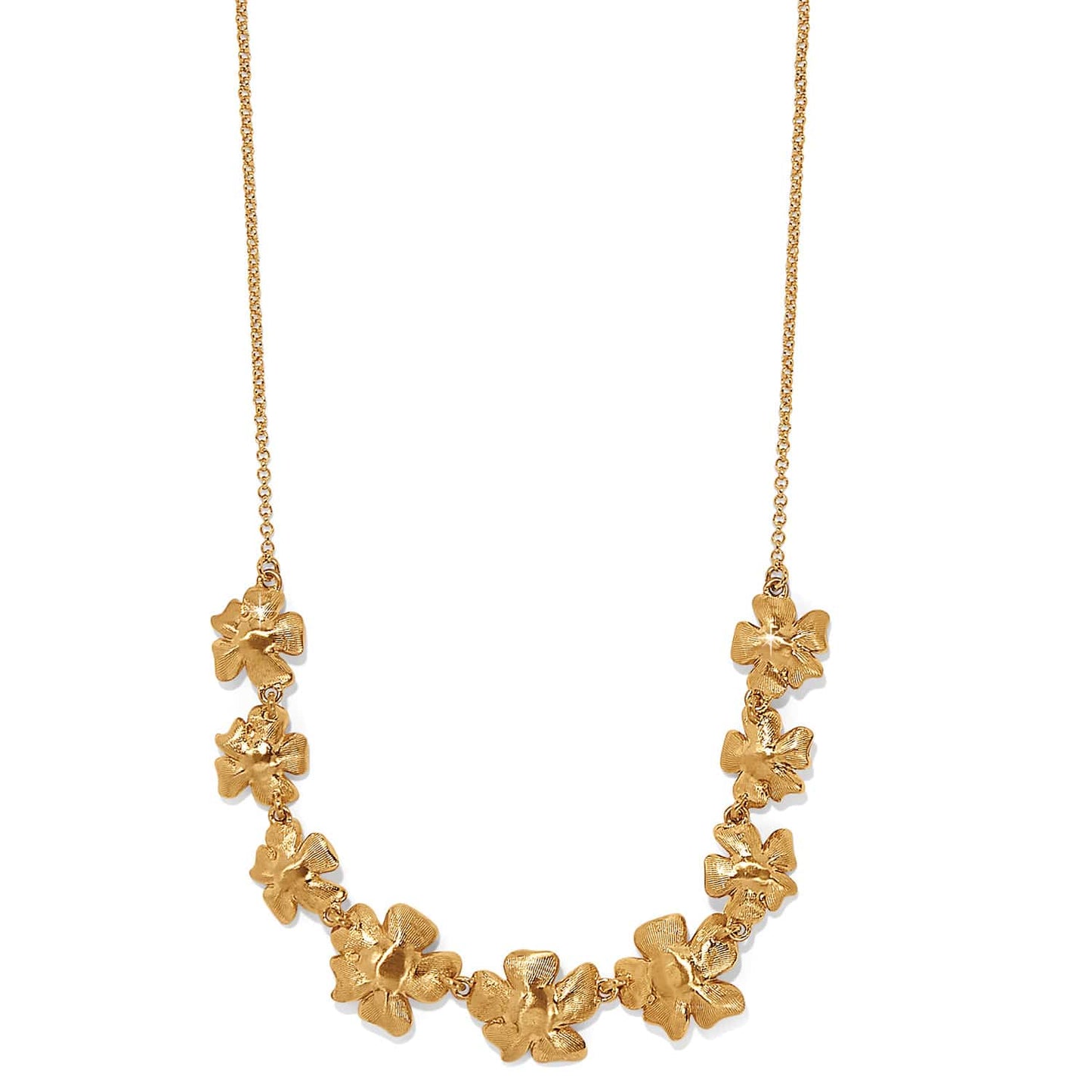 Brighton necklace with gold-plated flower cluster centerpiece and delicate gold-plated chain on a white background