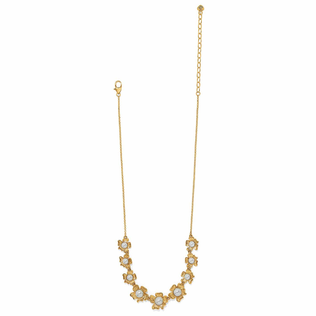 Brighton gold-plated chain necklace with flower stations centered by glass pearls on a white background