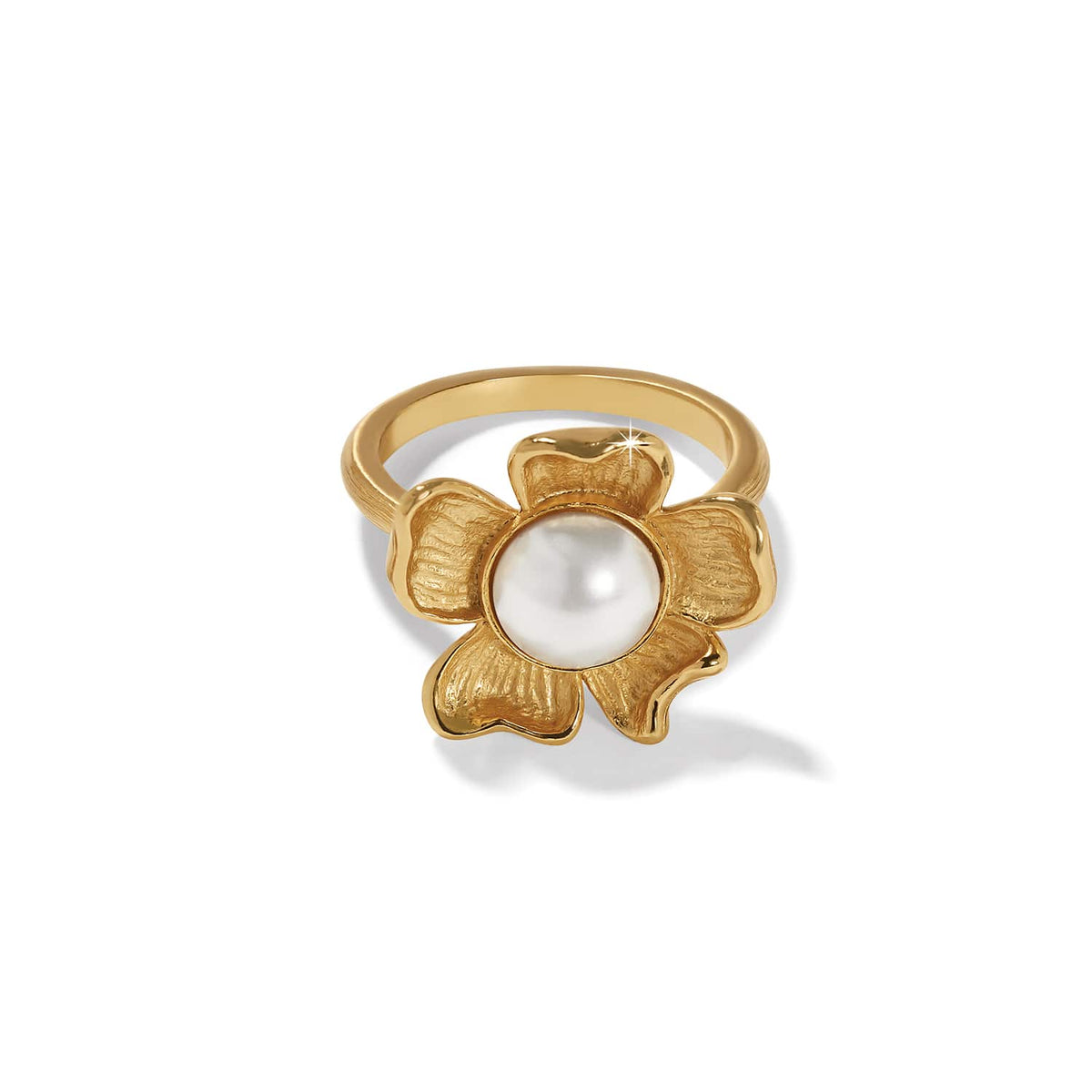 Brighton ring with gold-plated flower design and glass pearl cabochon center on a white background