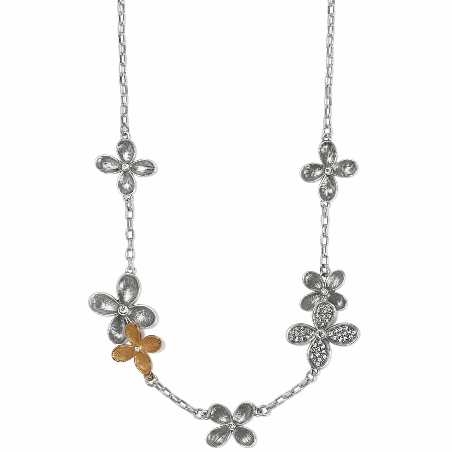 Brighton necklace with silver-tone and gold-tone flower stations featuring crystal accents on a white background