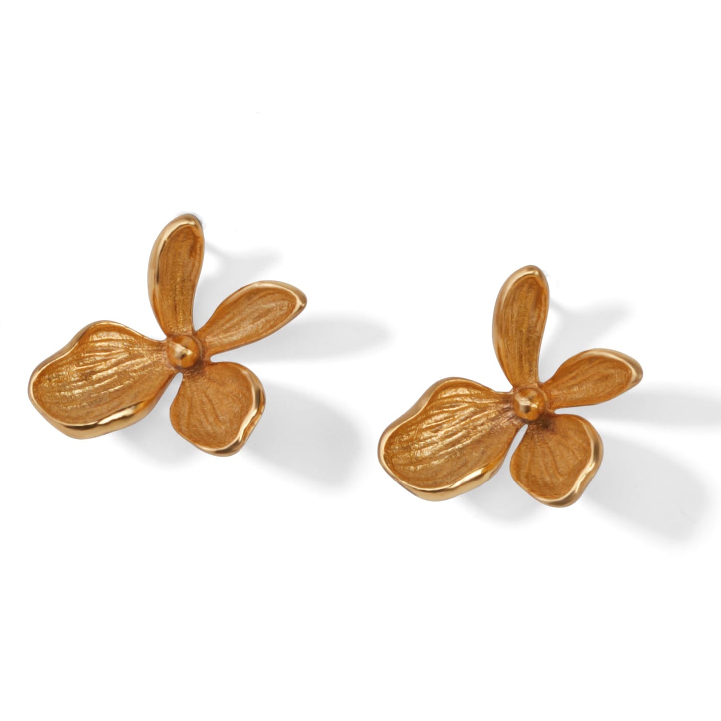 Brighton floral stud earrings with gold-plated four-petal design and textured petal detail on a white background