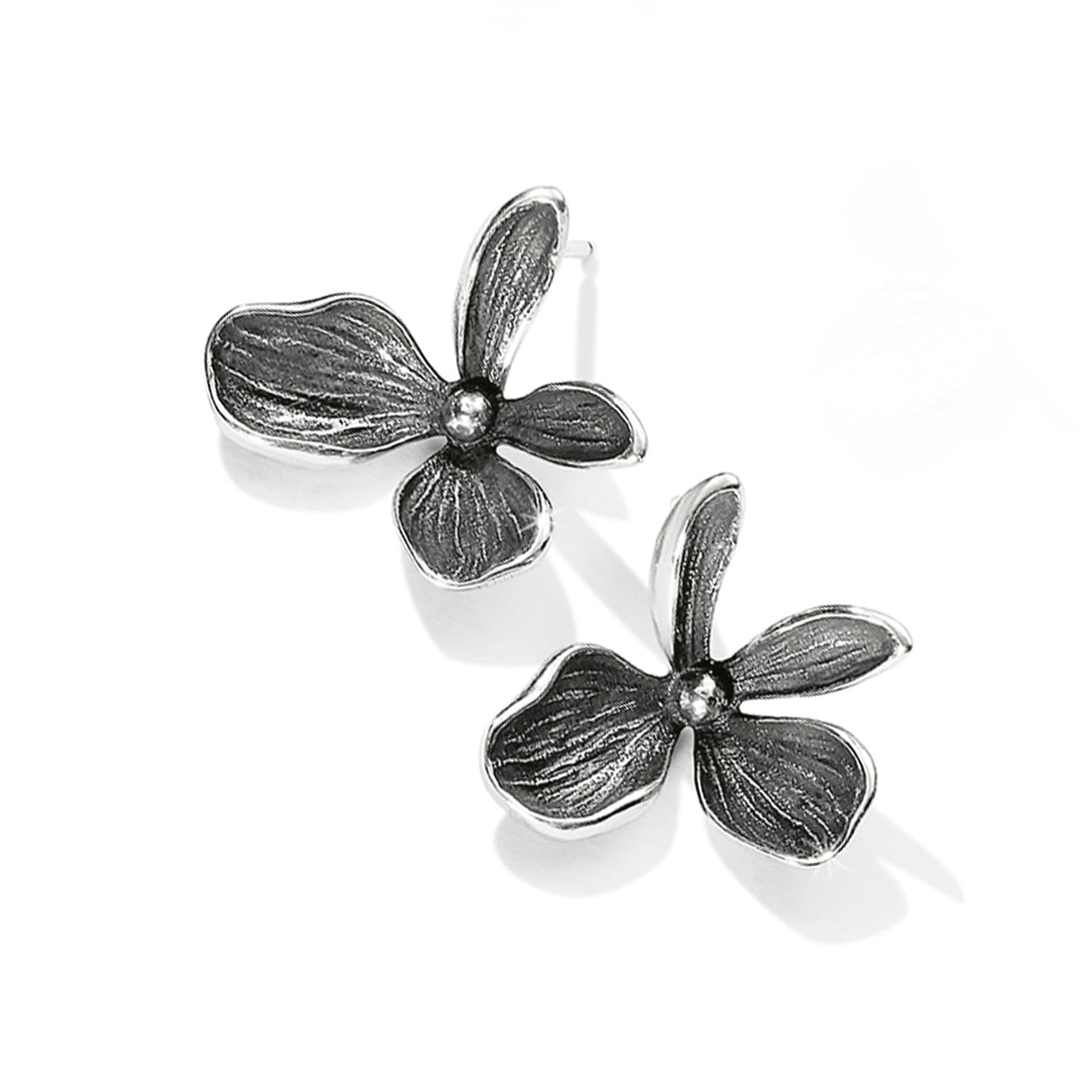 Brighton floral stud earrings with three-petal design and oxidized silver-tone finish on a white background