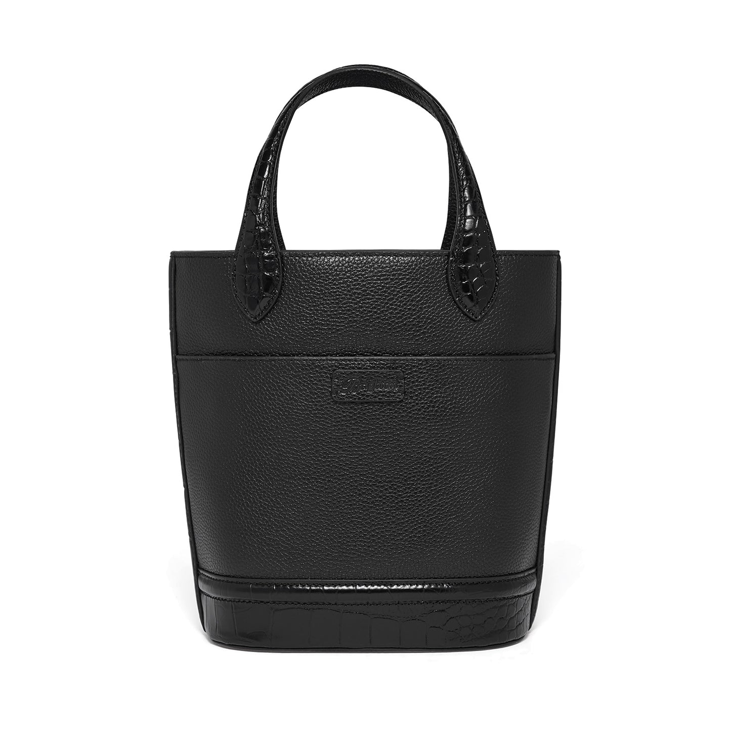 Brighton black pebbled leather tote handbag with croc-embossed handles and matching croc-embossed base trim on a white background