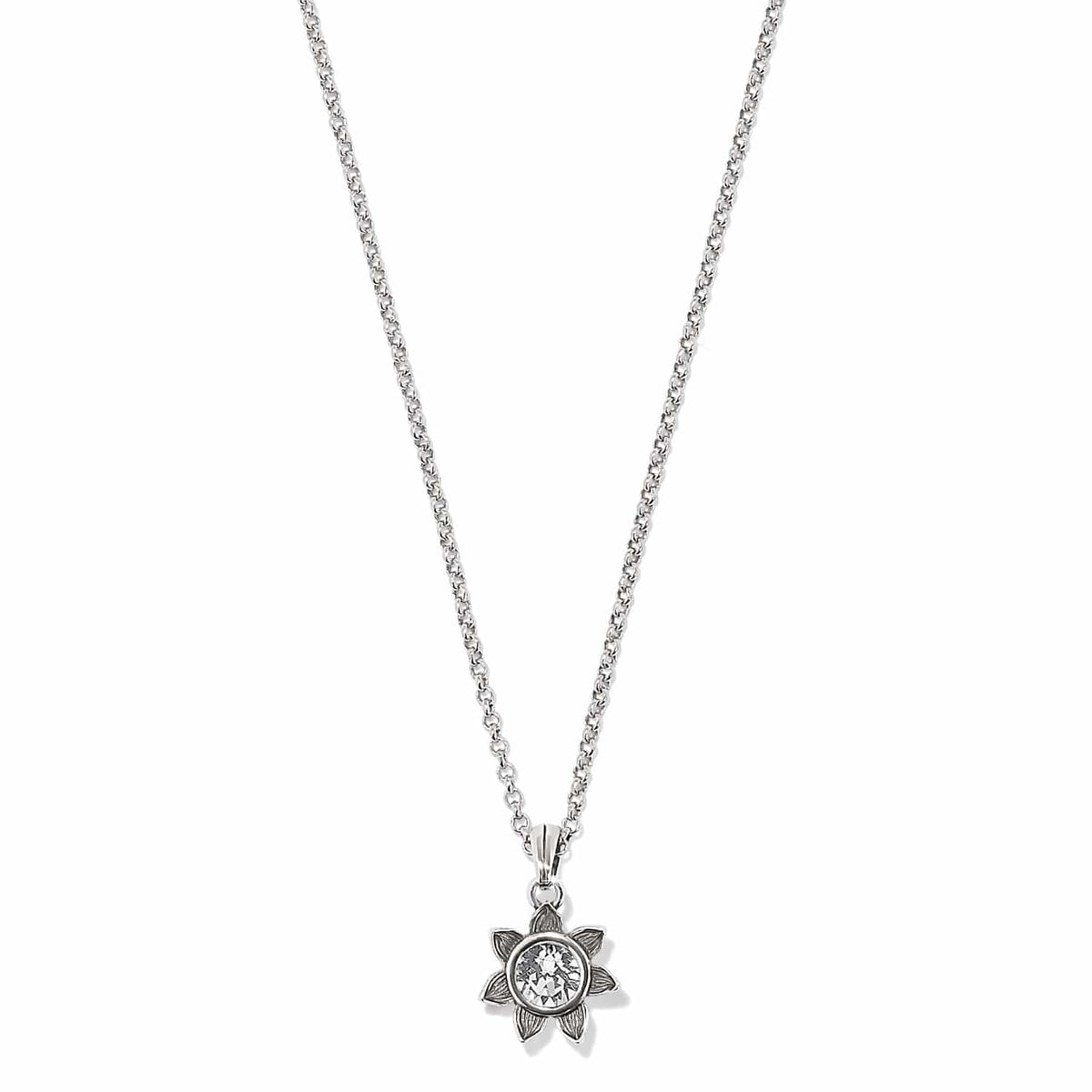 Brighton pendant necklace with silver-plated flower setting and crystal center on a white background