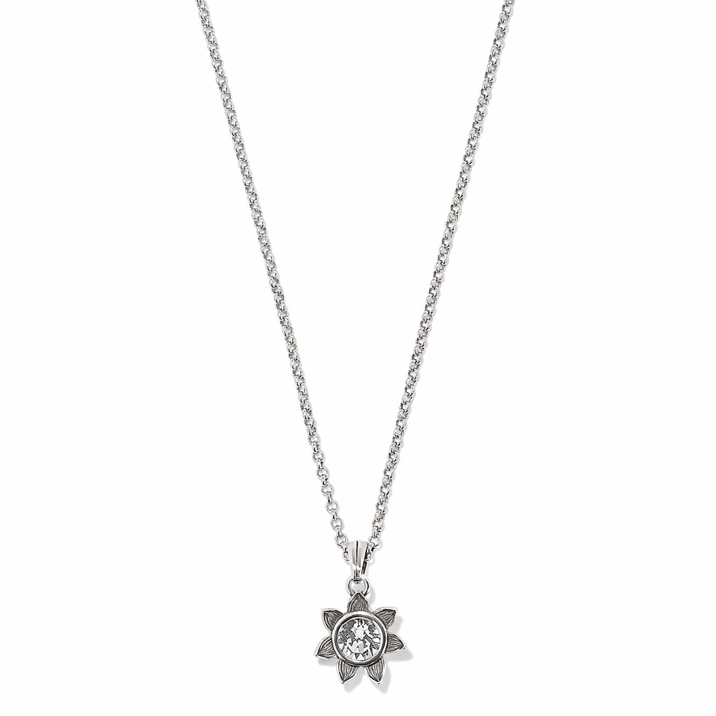 Brighton pendant necklace with silver-plated flower setting and crystal center on a white background
