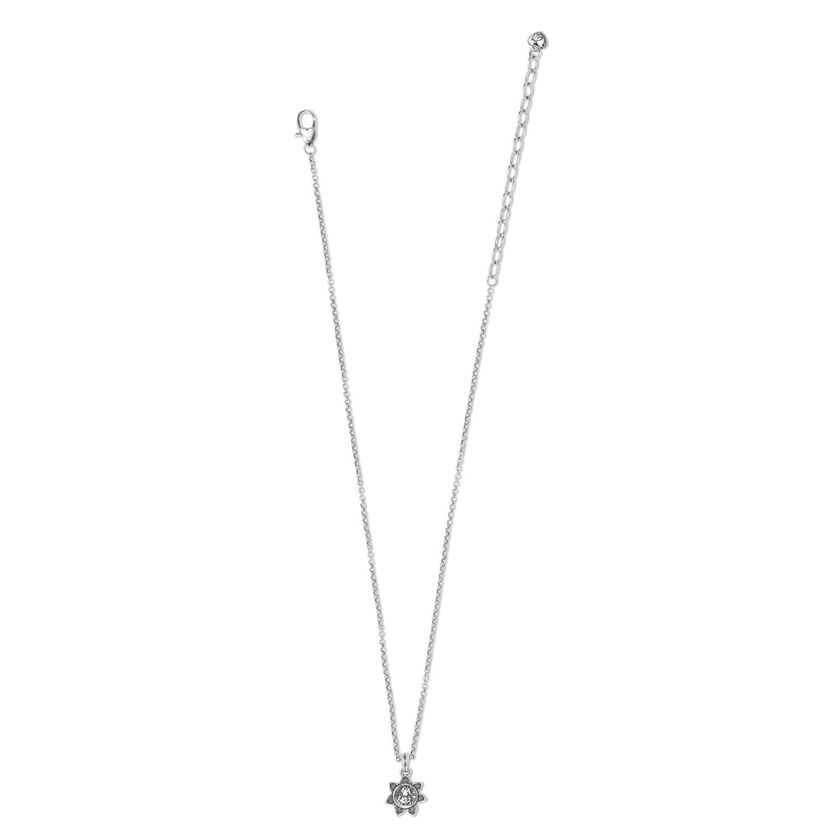 Brighton pendant necklace with silver-plated chain and crystal flower charm with lobster clasp on a white background