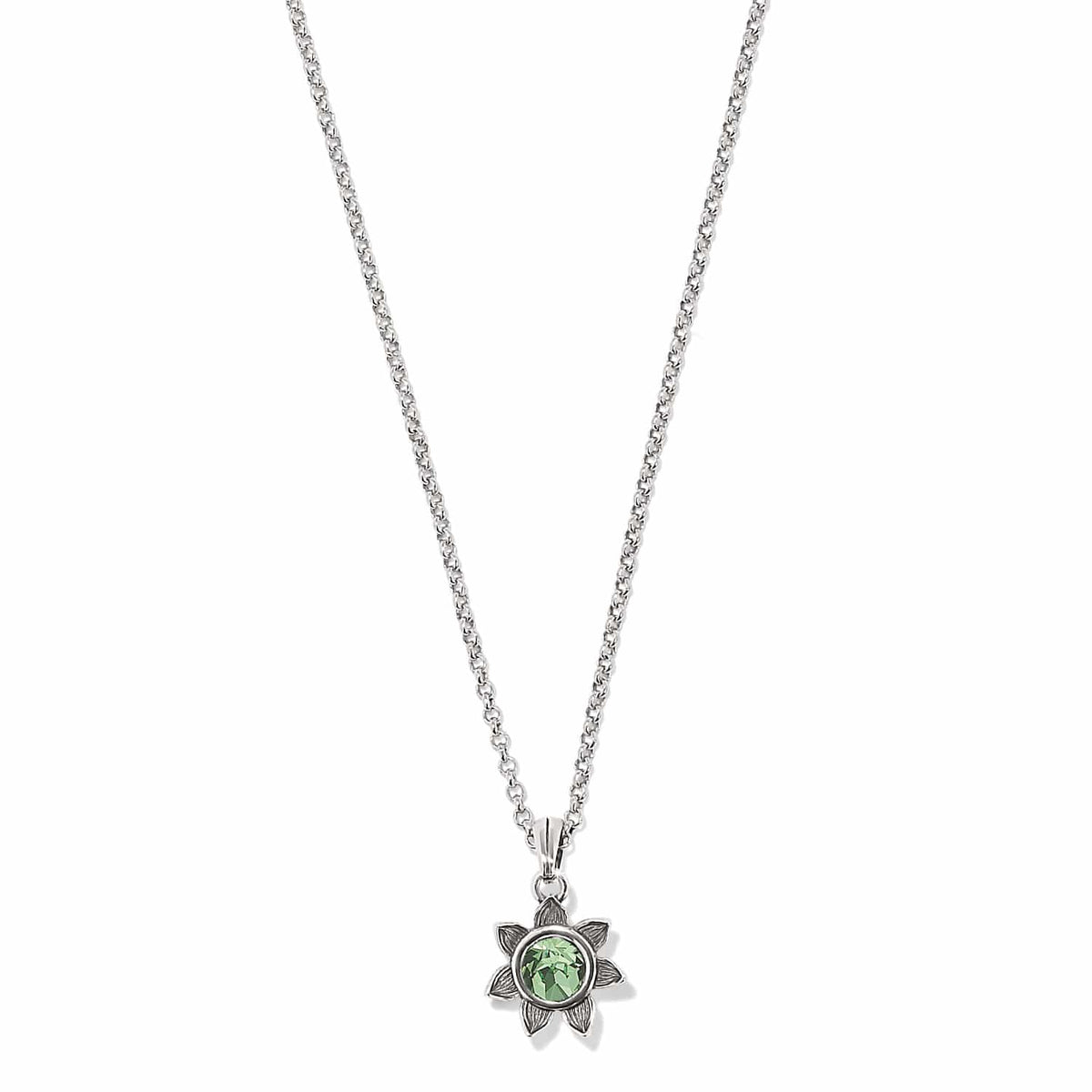 Brighton pendant necklace with green crystal flower charm and silver-plated chain on a white background