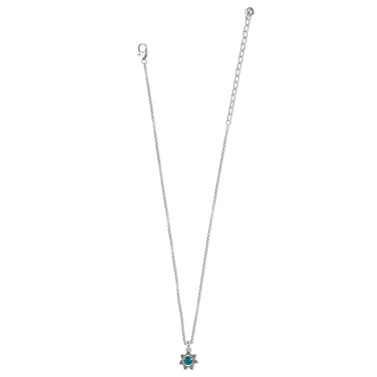 Brighton pendant necklace with blue crystal in silver-plated floral setting and lobster clasp on a white background