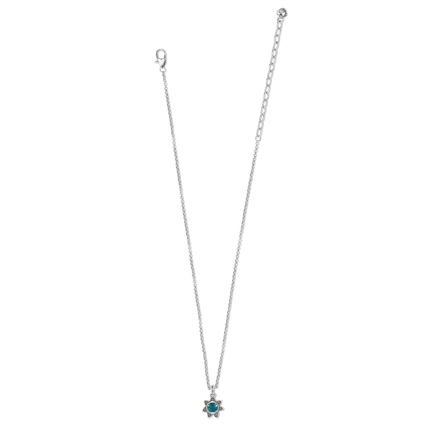 Brighton pendant necklace with blue crystal in silver-plated floral setting and lobster clasp on a white background