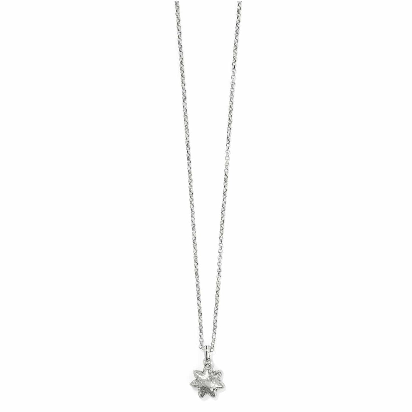 Brighton pendant necklace with silver-plated flower charm and delicate rolo chain on a white background