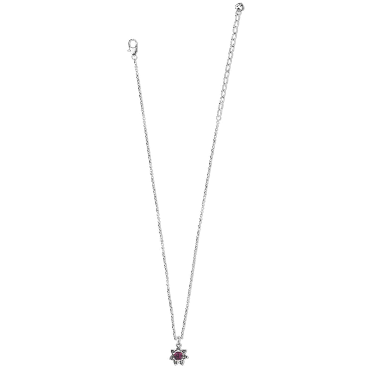 Brighton silver-plated pendant necklace with small crystal flower charm and lobster clasp on a white background