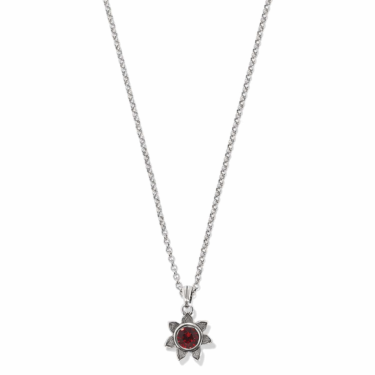 Brighton pendant necklace with red crystal flower charm and silver-plated rolo chain on a white background