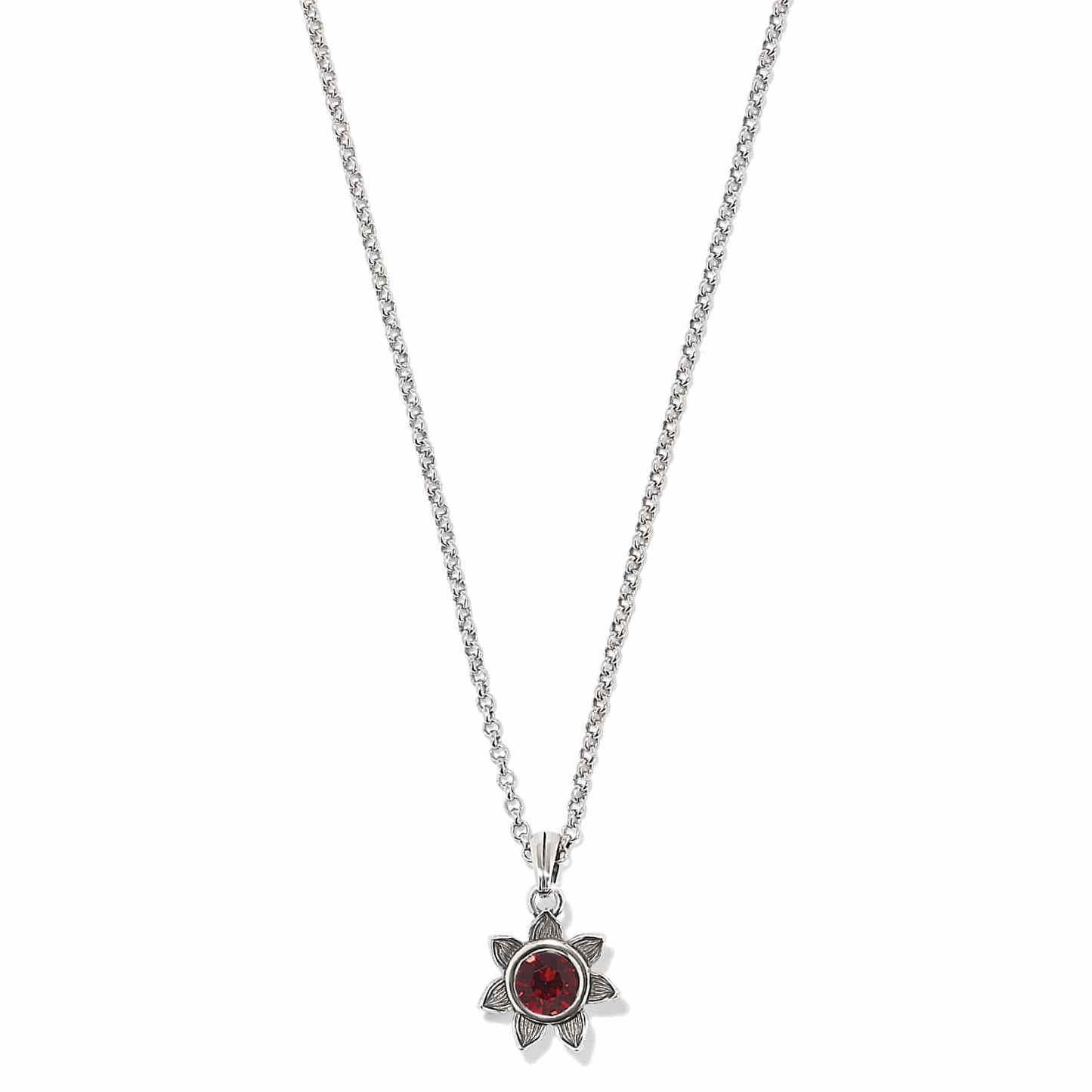 Brighton pendant necklace with red crystal flower charm and silver-plated rolo chain on a white background