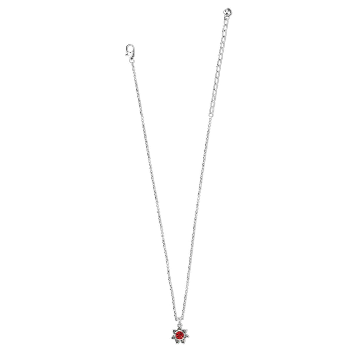 Brighton silver-plated chain necklace with small red crystal flower pendant and lobster clasp on a white background
