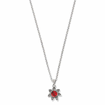 Brighton pendant necklace with red crystal flower charm and silver-plated rolo chain on a white background