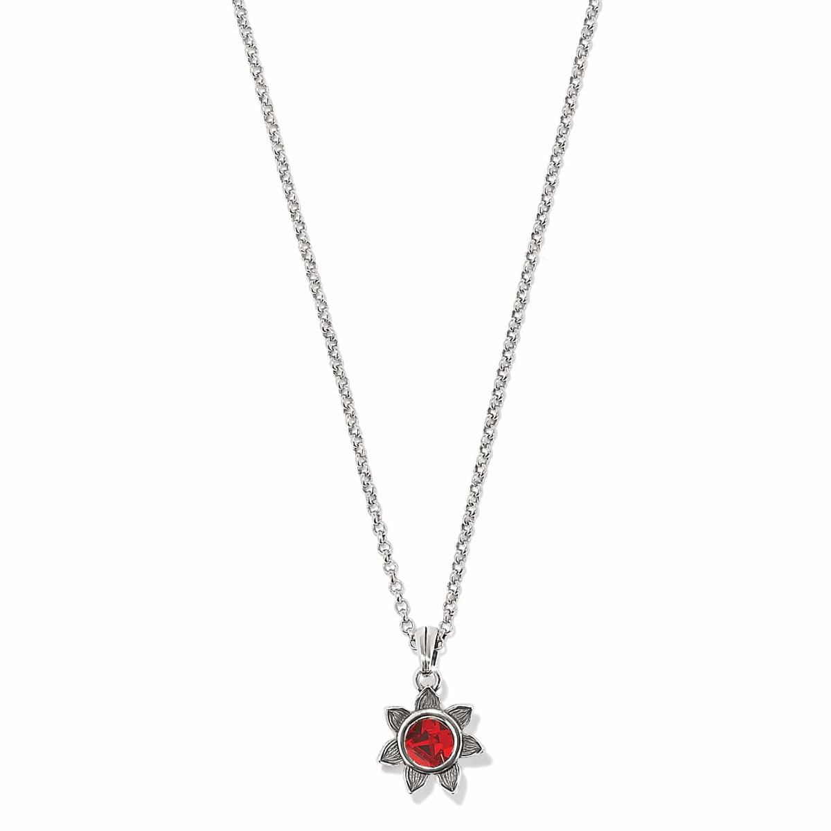 Brighton pendant necklace with red crystal flower charm and silver-plated rolo chain on a white background